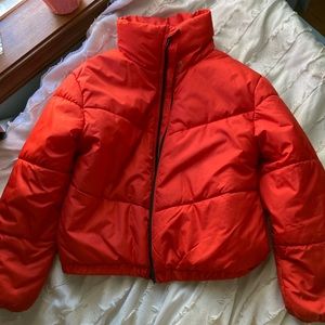 red cropped puffer jacket